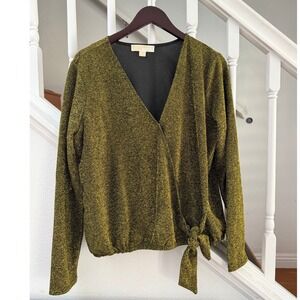 Michael Kors Womens Gold Metallic Lurex Wrap Top Side Tie V-Neck Blouse XL